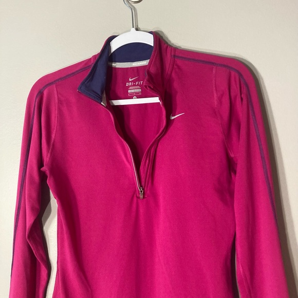 Nike DriFit L/S Running Shirt S
Quarter Zip, Pink w Navy Trim Swoosh Activewear - Picture 7 of 8